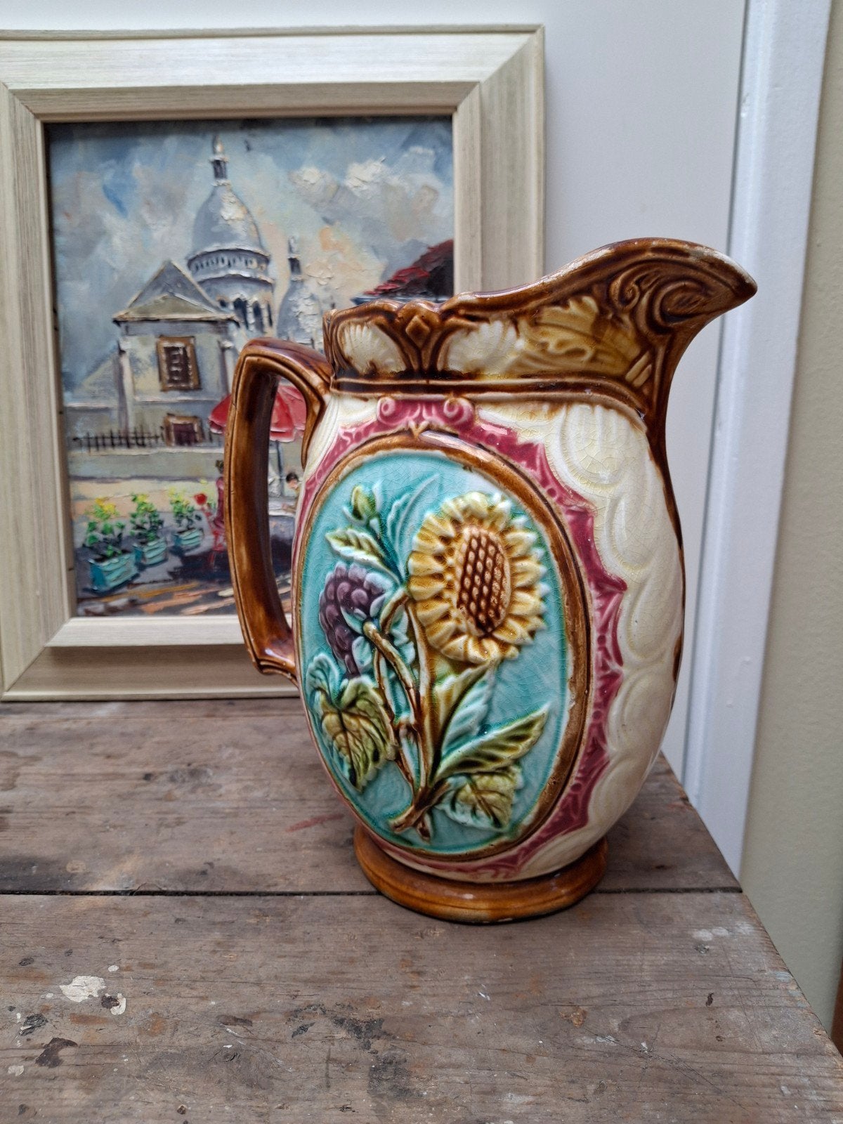 Prachtige Barbotine Majolica Pitcher met Zonnebloem, Ophalen of Verzenden