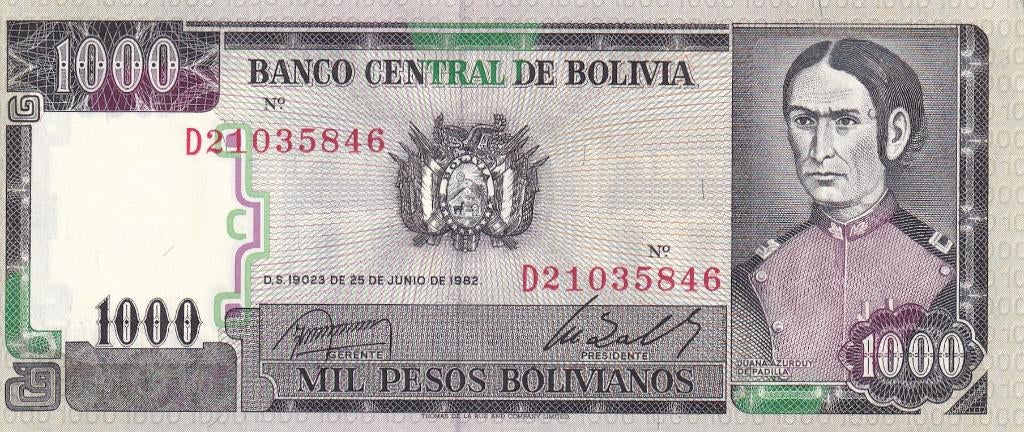 Bolivia 1000 bolivianos 25-6-1982, Postzegels en Munten, Bankbiljetten | Amerika, Verzenden, Zuid-Amerika, Los biljet