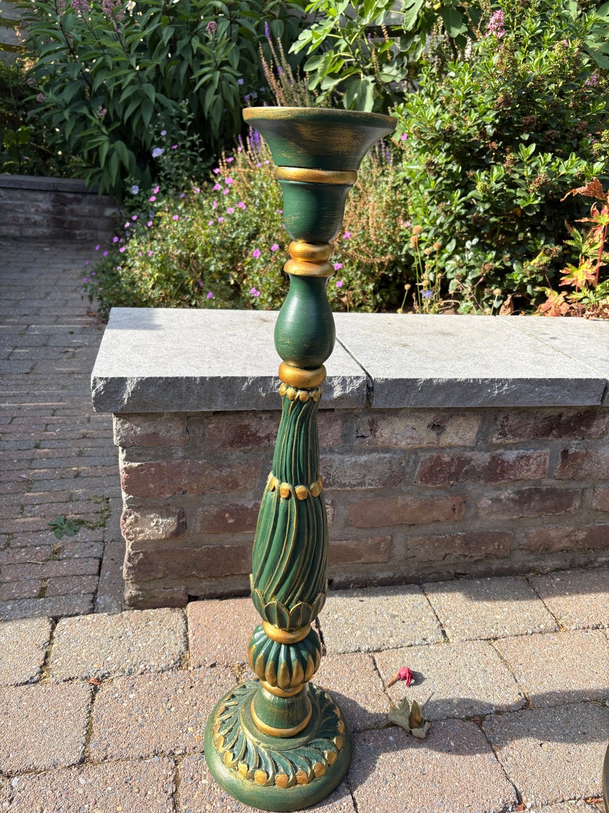 Decoratieve houten groene en gouden kandelaar / zuil, Ophalen, Overige materialen