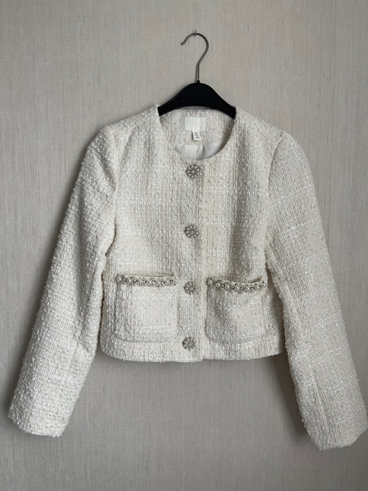 H&M Tweed Jasje met Parels en Strass - Maat XS, Wit, Ophalen of Verzenden, Zo goed als nieuw, Jasje