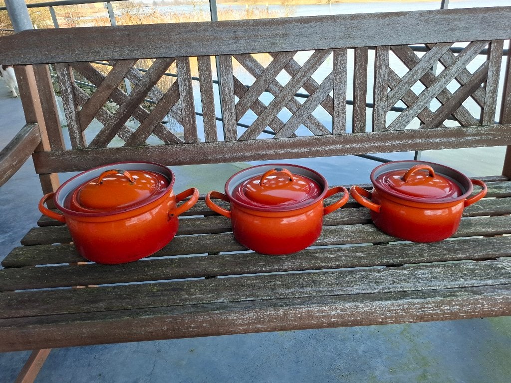 Vintage pannenset emaille oranje, Antiek en Kunst, Ophalen of Verzenden