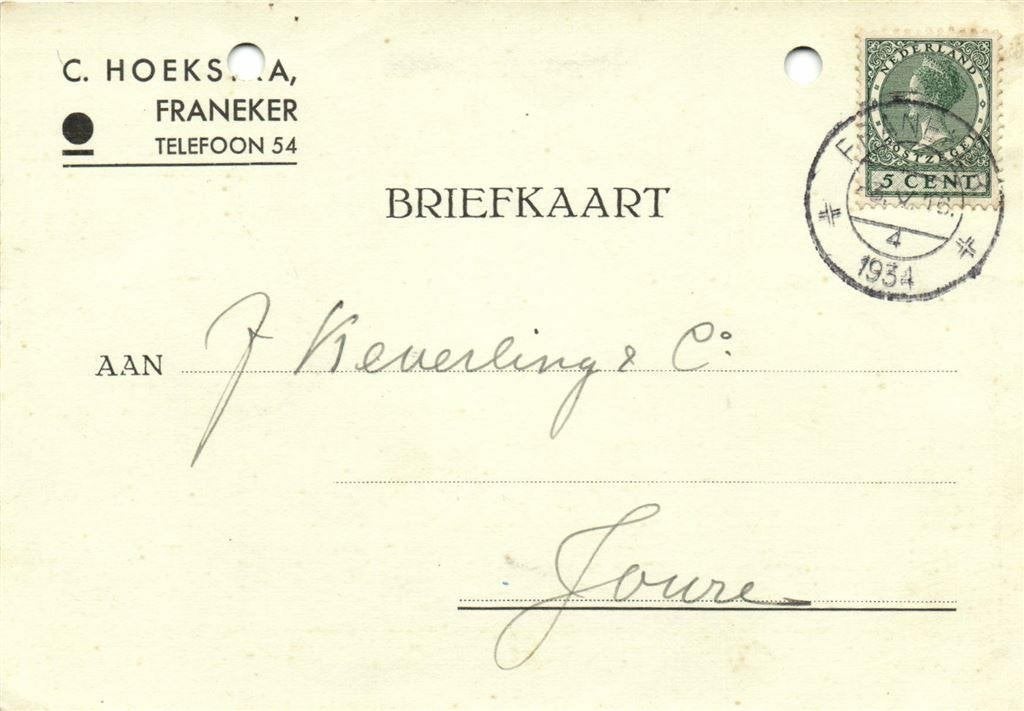 C. Hoeksma, Franeker - 05.1934 - briefkaart, Postzegels en Munten, Ophalen of Verzenden, Briefkaart