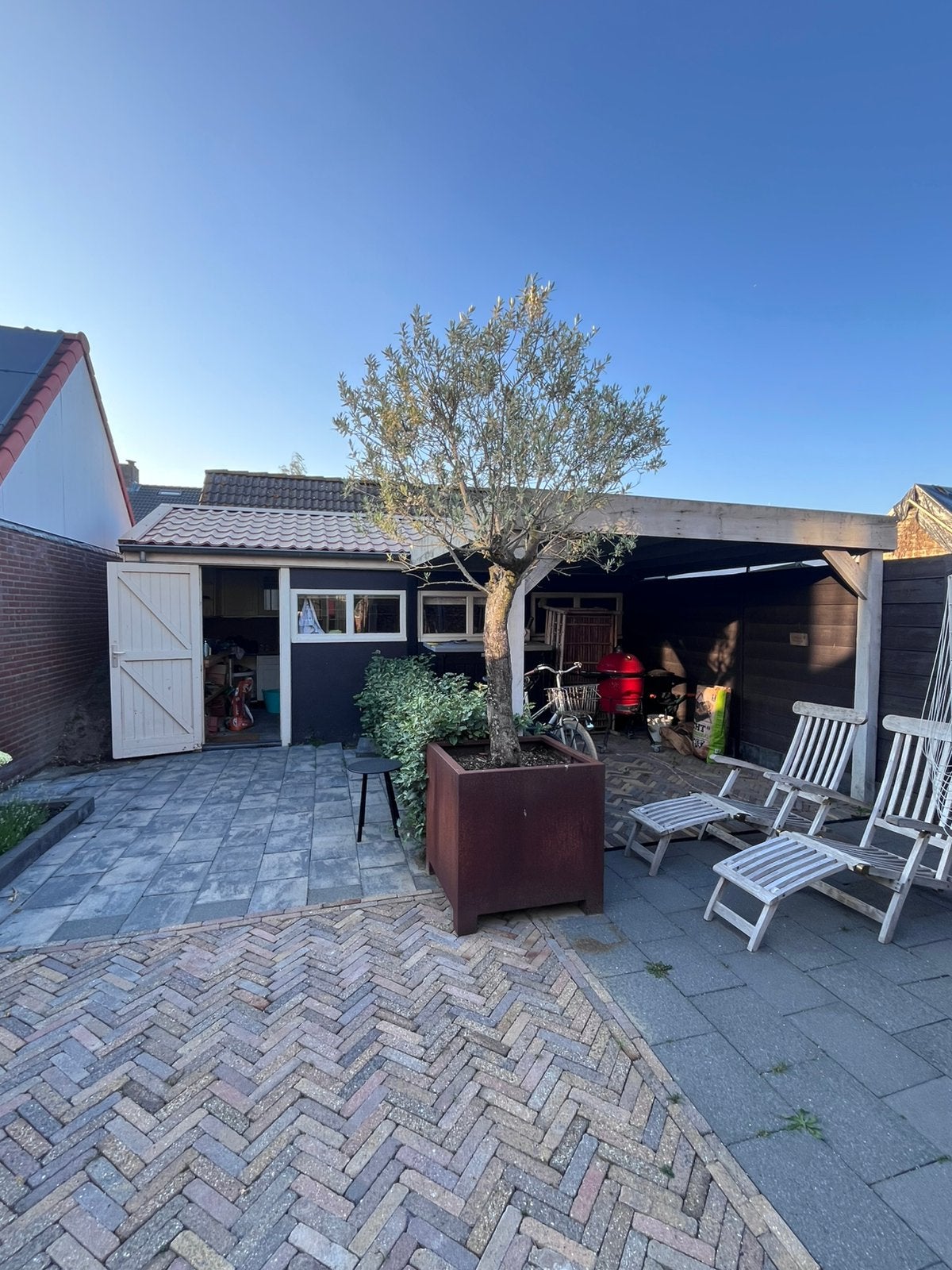 Cortenstaal bak 80x80x70 met olijfboom, Tuin en Terras, Tuinhuizen, Ophalen, Gebruikt, 250 tot 500 cm, Zonder ramen