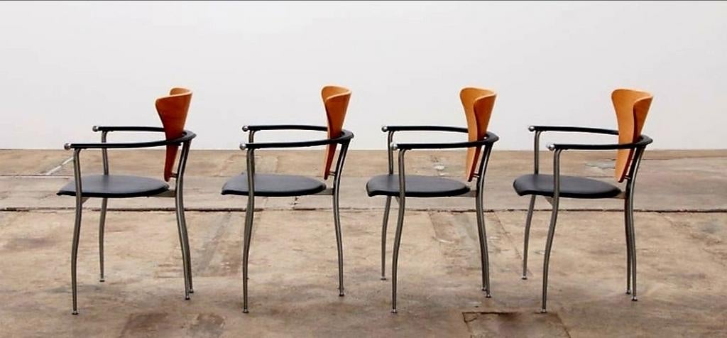 Set van 4 Marilyn Stiletto eetkamerstoelen van Arrben Italy, Huis en Inrichting, Stoelen, Gebruikt, Vier, Leer, Metaal, Zwart