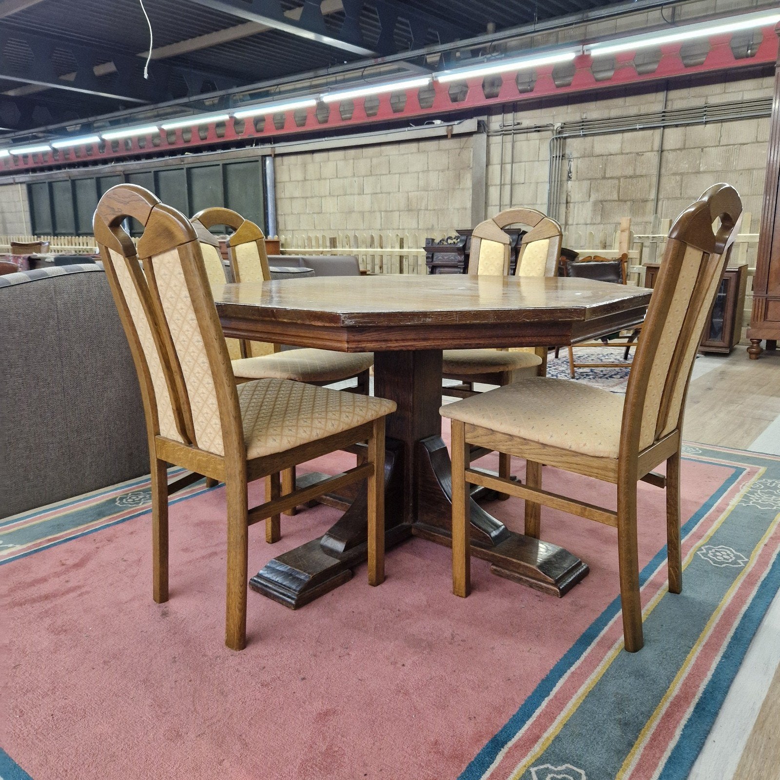 Eikenhouten eettafel met 4 stoelen - Octagonaal, Ophalen, Hout, Gebruikt, Bruin