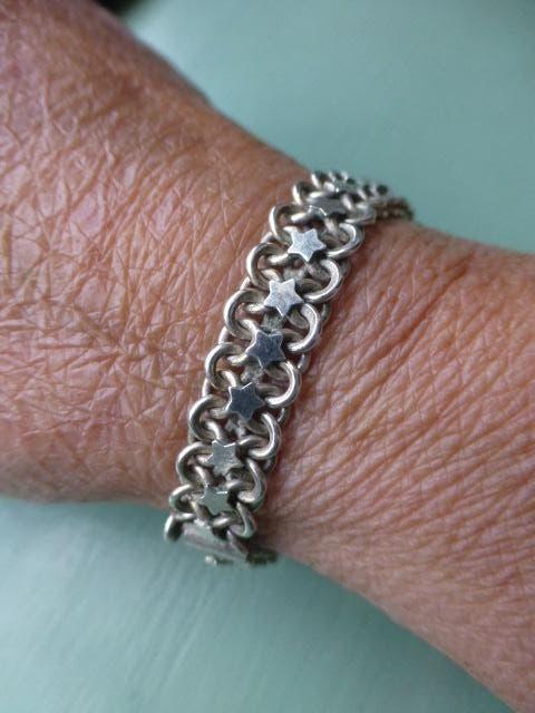 Antieke Zilveren schakel Armband met Sterretjes, Verzenden, Zilver, Armband
