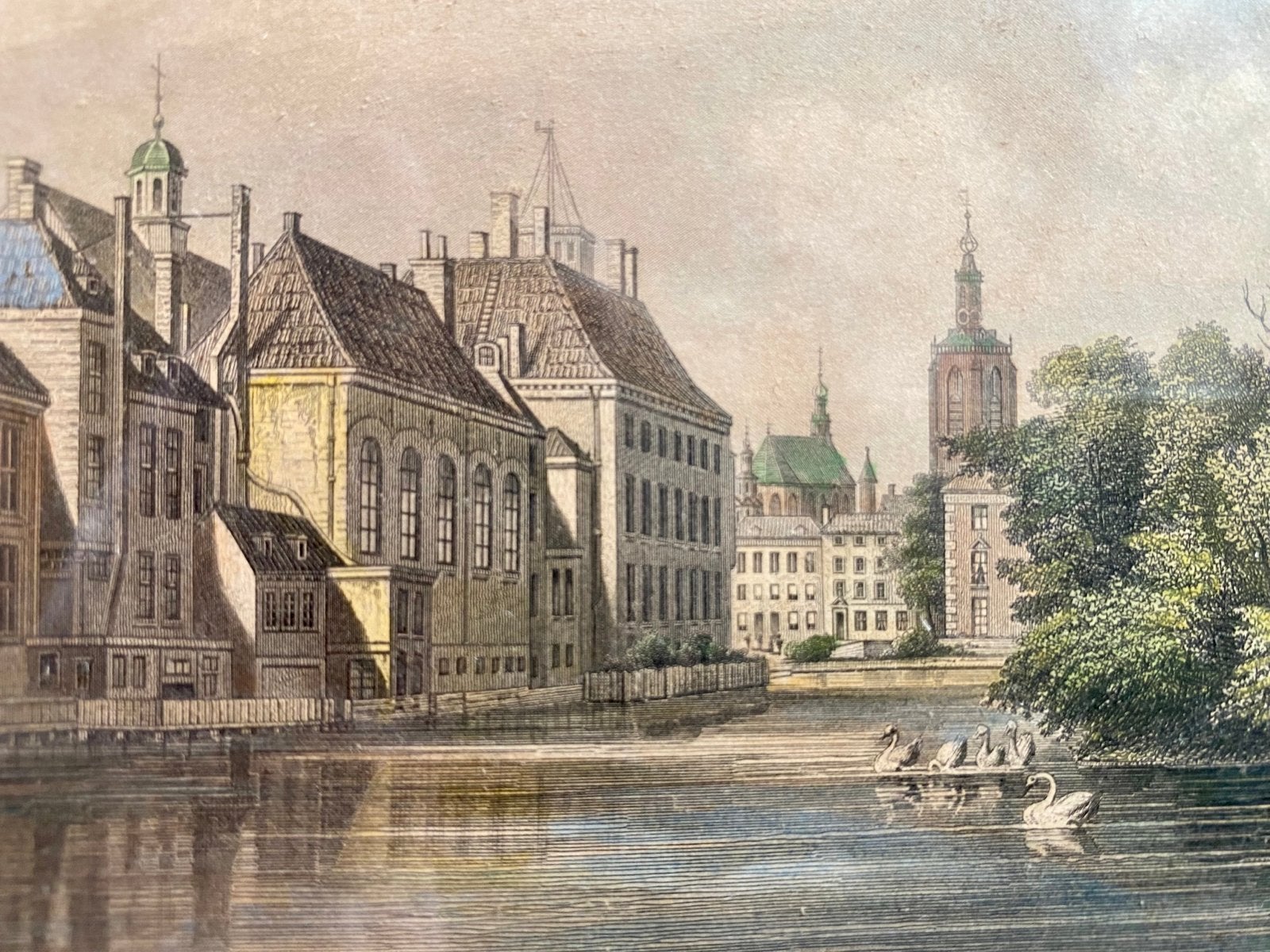 's-Gravenhage Vijverberg -ingekleurde staalgravure uit 1856, Antiek en Kunst, Handgekleurd, 1800 - 1899, Verzenden, Stadsgezicht