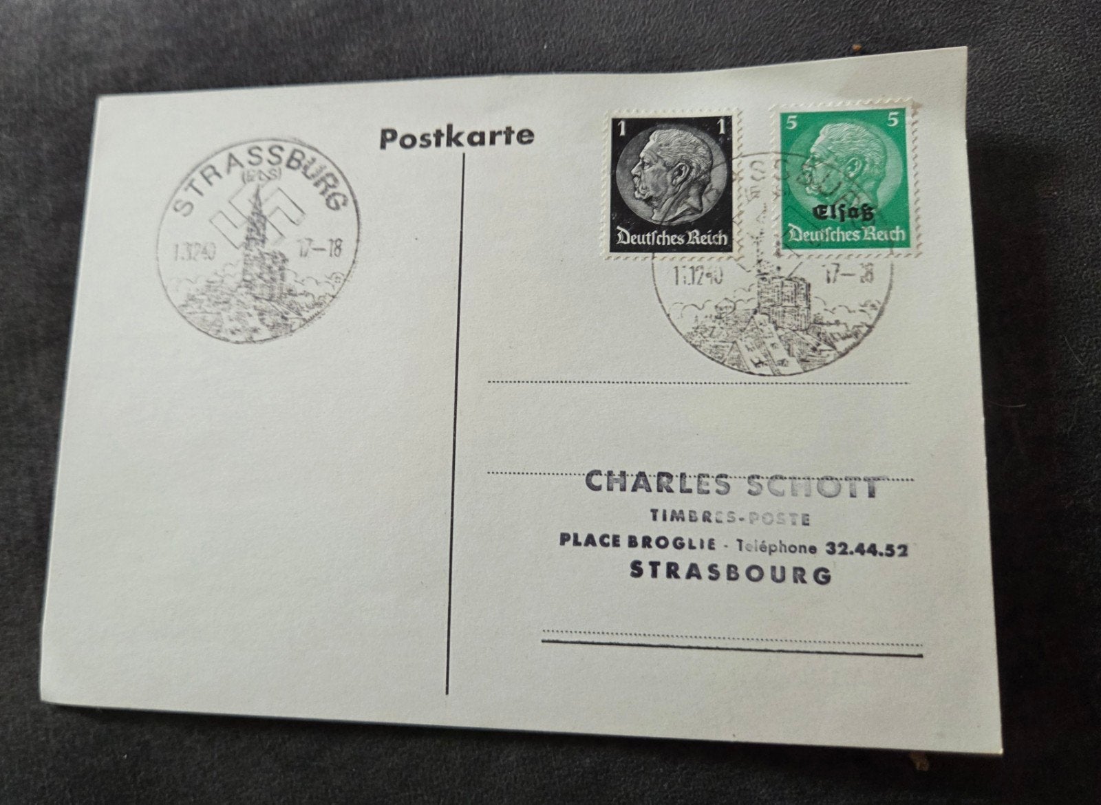 Zeldzame Postkaart Straatsburg met Duitse Postzegels 1940, Verzamelen, Verzenden, 1940 tot 1960, Ongelopen, Politiek en Historie