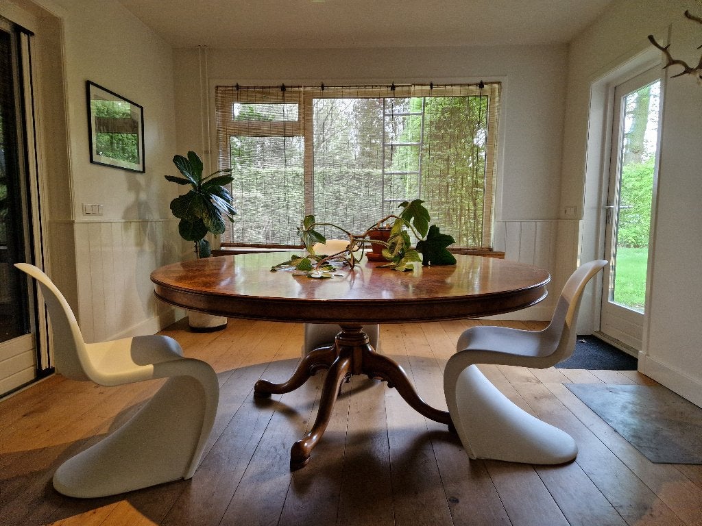 Prachtige vintage tafel notenhout, 180 cm diameter!, Ophalen, Gebruikt, 150 tot 200 cm, Rond