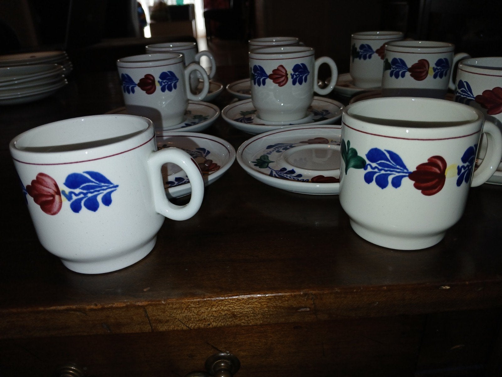 Set van 9 Boerenbont Boch koffiekopjes met schotels, Ophalen of Verzenden