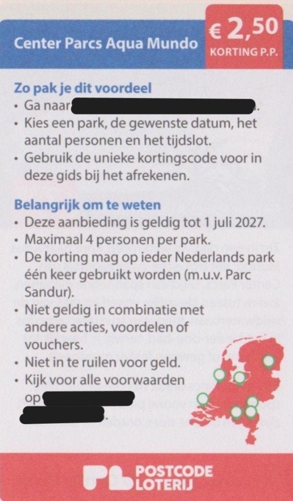 Center Parcs Aqua Mundo. € 2,50 korting p.p. Postcode bon., Drie personen of meer, Kortingskaart