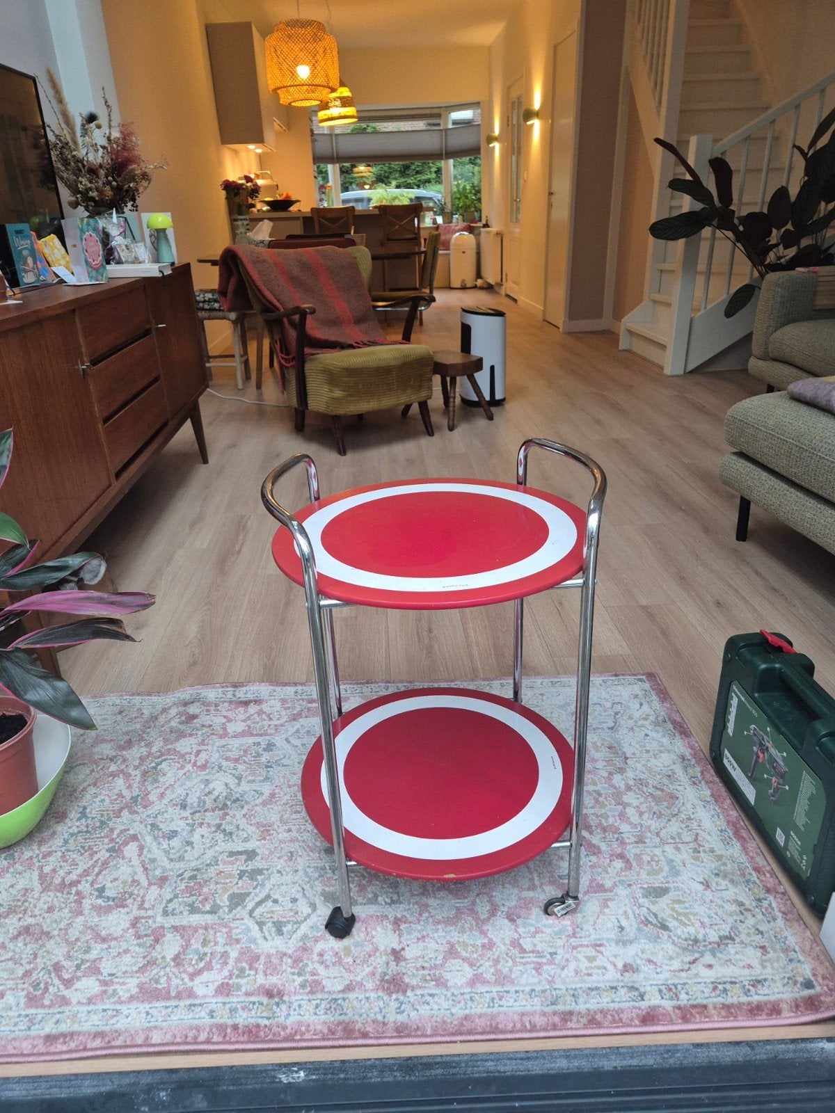 Vintage serveerwagen met wieltjes - Rood/Wit, Ophalen, Vintage, Gebruikt, Metaal