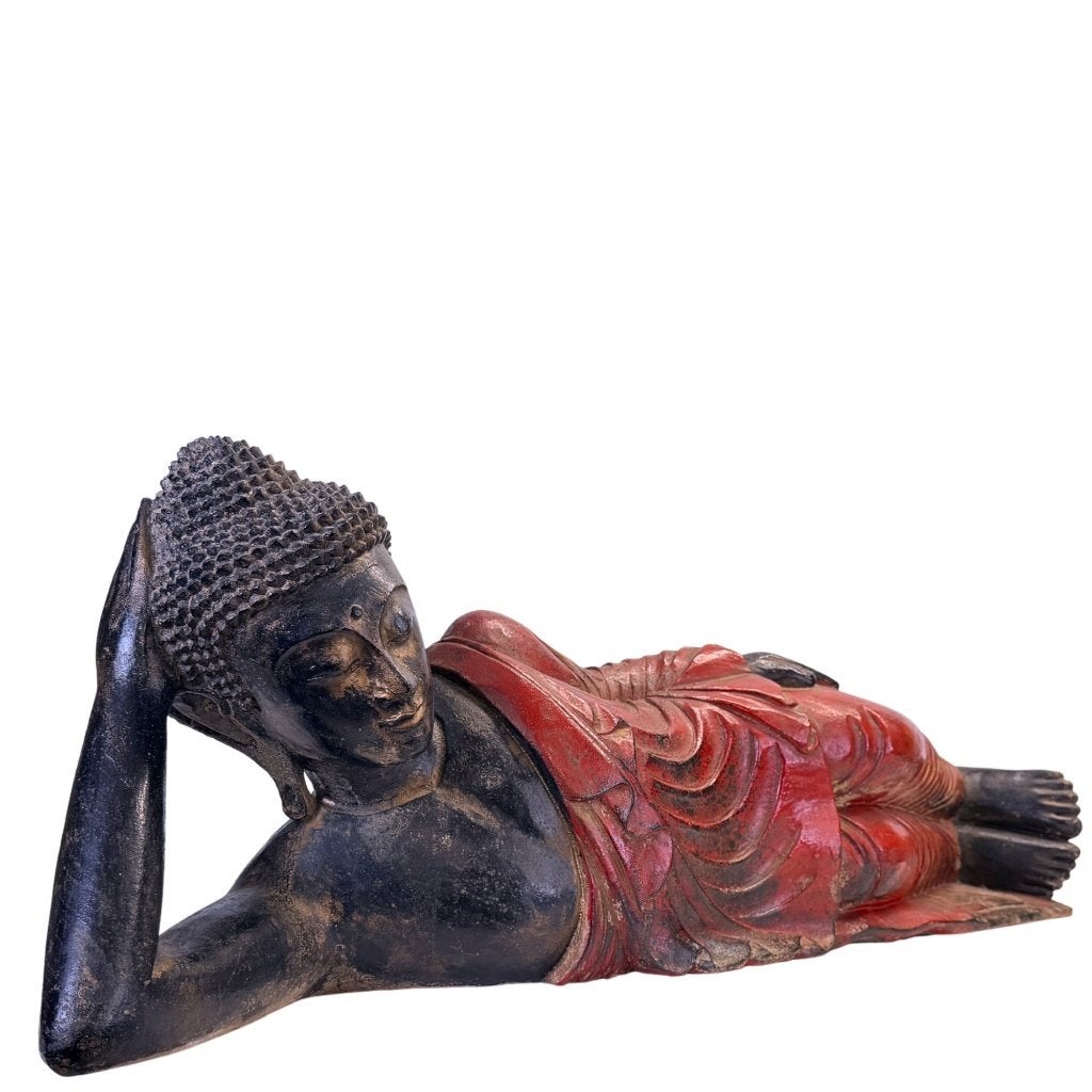 Liggende Boeddha – Birmees teakhout – 19e eeuw – 102 cm, Antiek en Kunst, Overige herkomsten, Ophalen of Verzenden, Beeld, Hout