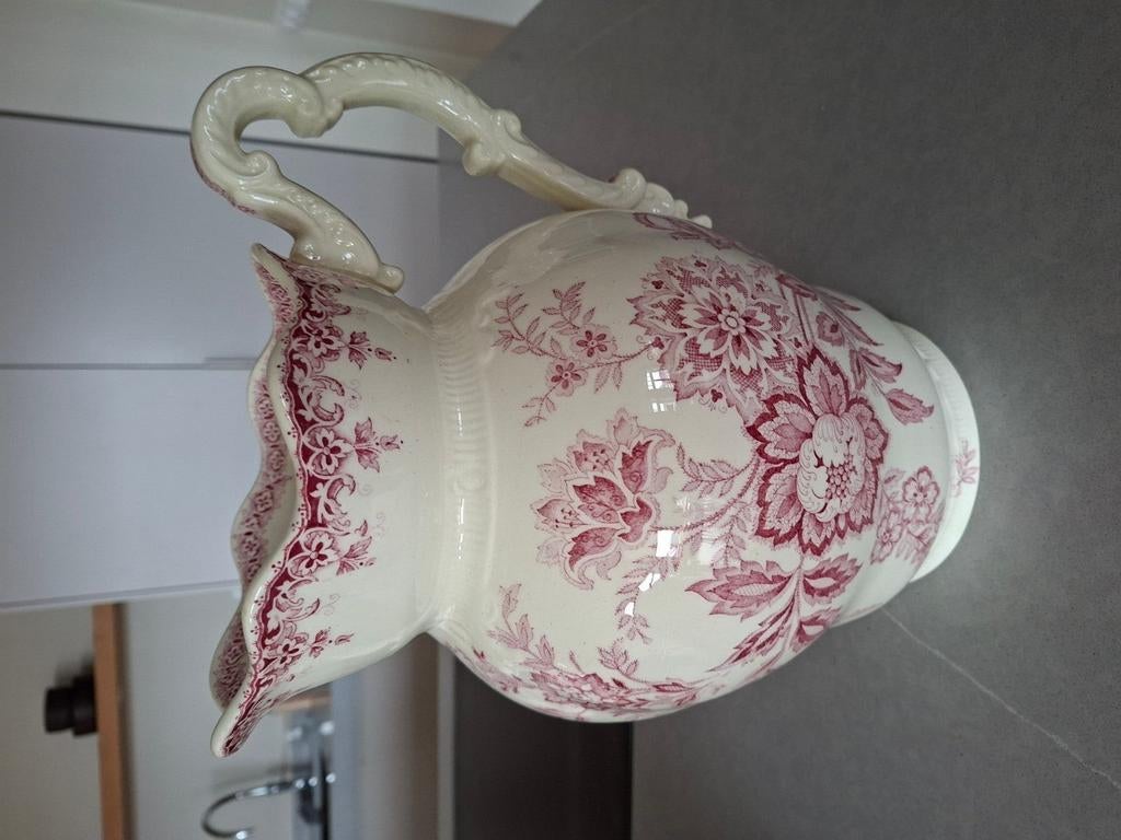Antieke lampetstel met rood bloemmotief, Ophalen of Verzenden