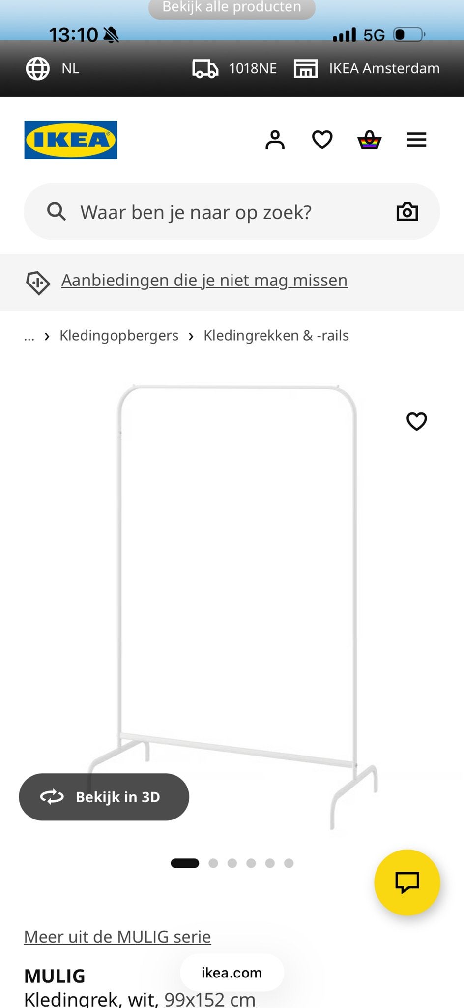 IKEA MULIG Kledingrek, wit, 99x152 cm, Ophalen, Gebruikt