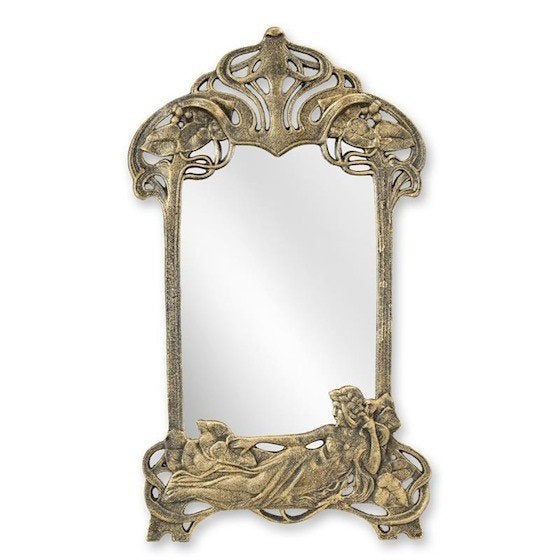 Art Nouveau spiegel met liggende vrouw gietijzer 49,6x28,7, Verzenden, Rechthoekig, Minder dan 50 cm