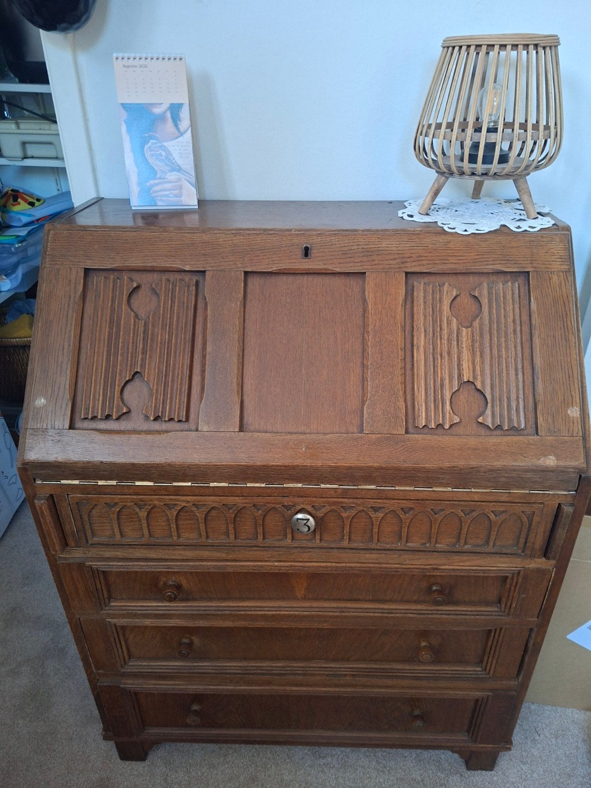 Antiek eiken secretaire met lades, Ophalen