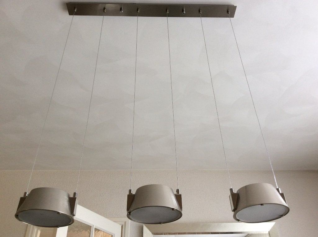 Hanglamp 3 lampen zilverkleurig Rogu Linea No. 201 Lamp, Huis en Inrichting, Lampen | Hanglampen, Zo goed als nieuw, Glas, Metaal