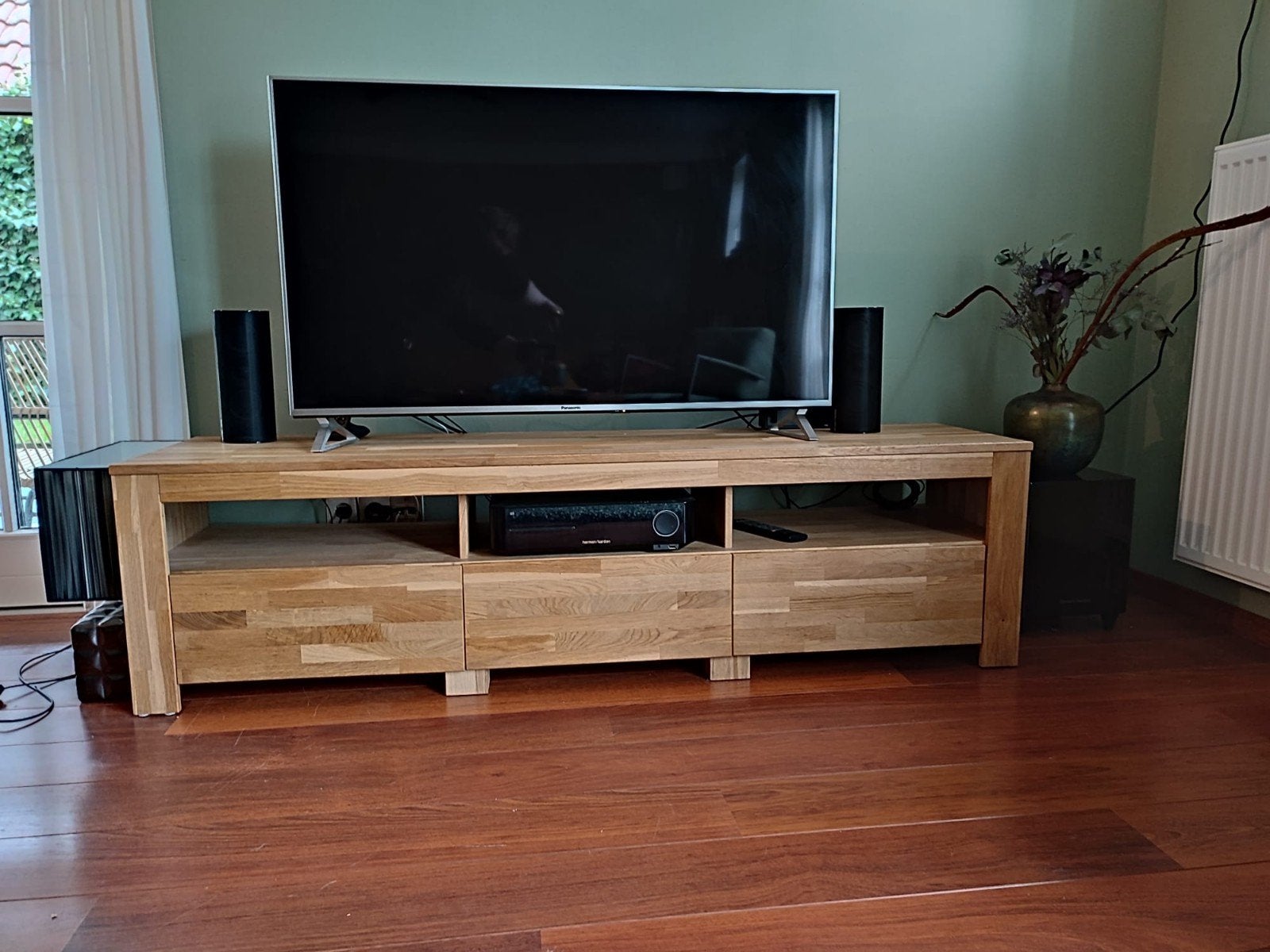 Massief eikenhouten tv-meubel vitrinekast zijtafel, Ophalen, Eikenhout, Minder dan 100 cm, 25 tot 50 cm