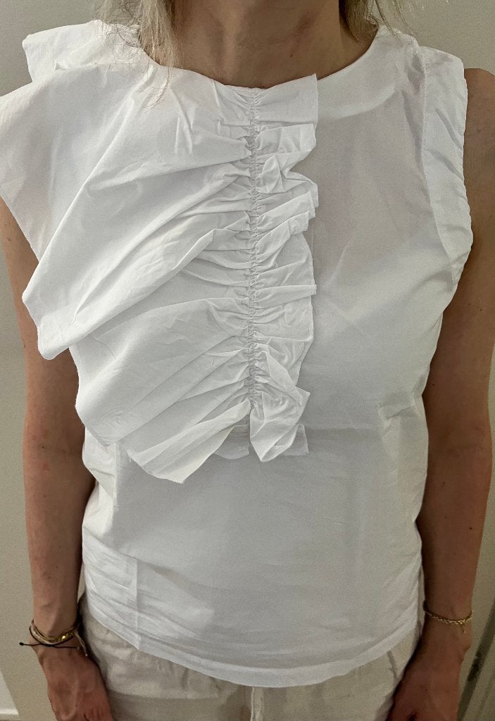 Purdey blouse wit mouwloos roesel op schouder, Wit, Ophalen of Verzenden, Zo goed als nieuw, Purdey