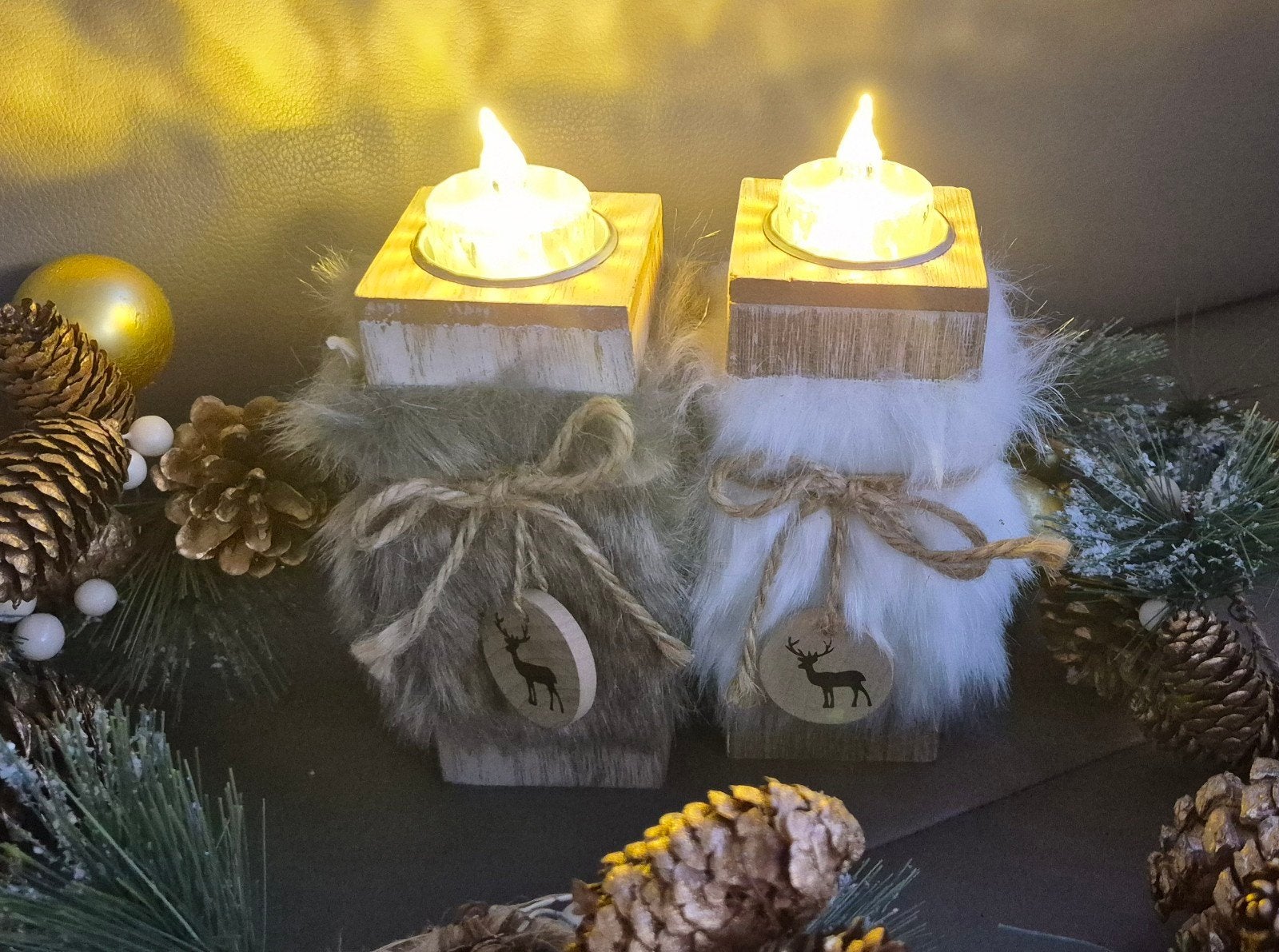Set van 2 Kerst Waxinelichthouders met Bont en Rendier, Meerkleurig, Waxinelichthouder, Nieuw, Ophalen of Verzenden