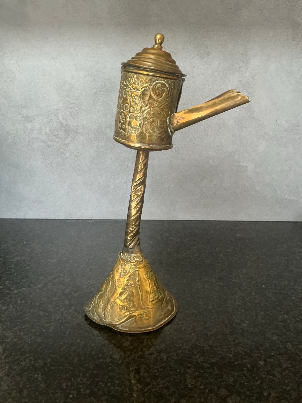 Antieke koperen olielamp - 'Snotneus', Ophalen of Verzenden