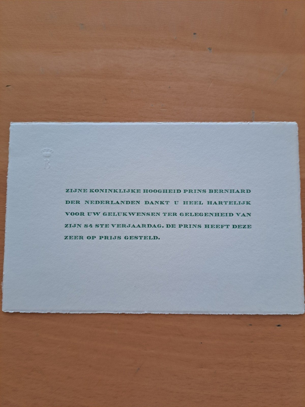 Prins Bernhard bedankkaart 84e verjaardag, Verzamelen, Koninklijk Huis en Royalty, Ophalen of Verzenden, Kaart, Foto of Prent