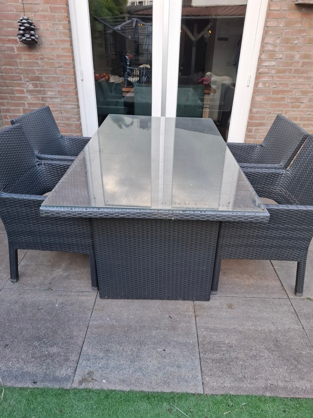 Wicker tuinset met glazen tafelblad, gebruikt, Ophalen, Gebruikt, Rechthoekig, Wicker