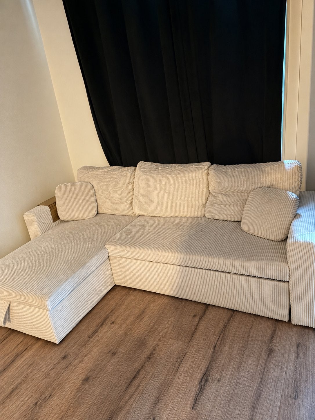 Beige hoekbank ribstof met opbergruimte. VASTE PRIJS !!, Ophalen, Zo goed als nieuw, Stof