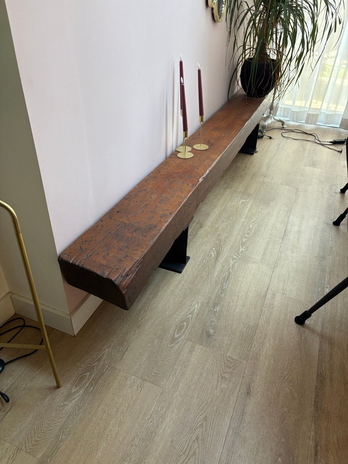Robuuste houten biels op stalen H-profiel poten - 260 cm, Huis en Inrichting, Ophalen, Gebruikt