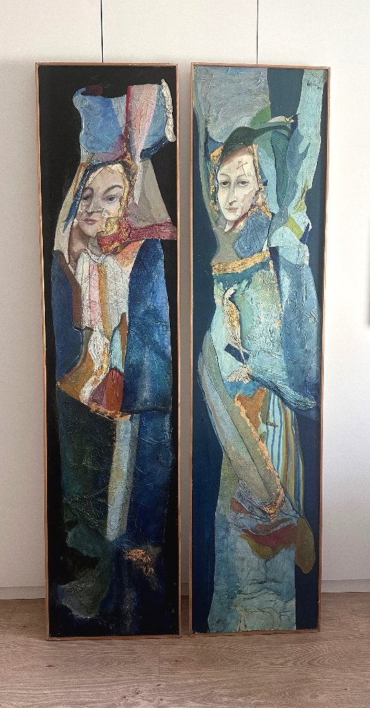 2 staande langwerpige panelen/schilderijen van vrouwfiguren, Ophalen, Portret of Personen, Expressionistisch, Gemengde techniek