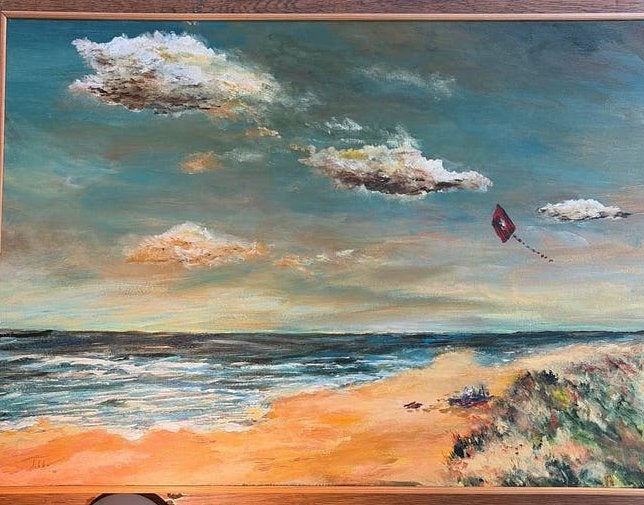 Schilderij 'Strandgezicht met vlieger' Jan Sikko Siegers, Maritiem / water, Doek, Impressionistisch, Ophalen of Verzenden