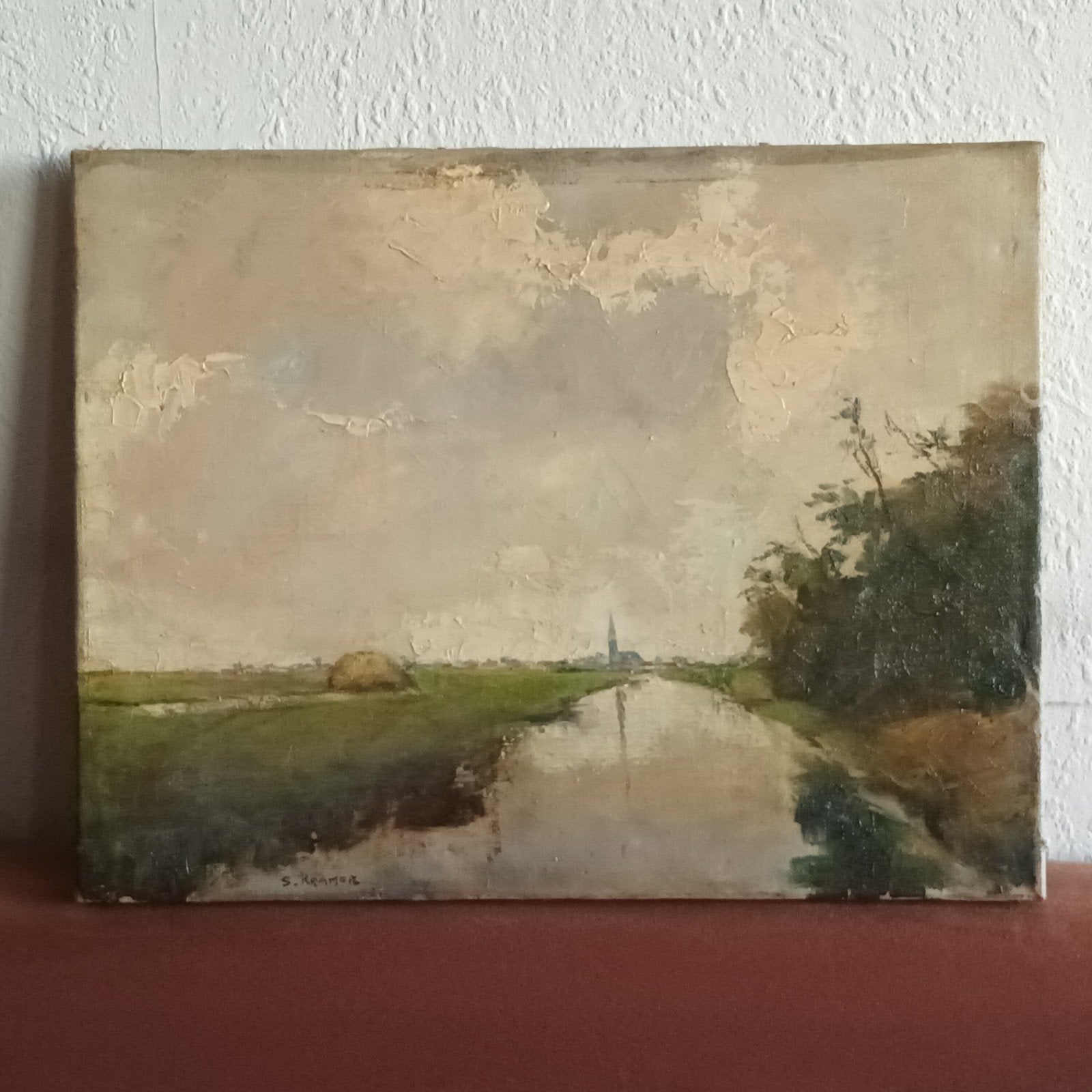 Simon Kramer (1940-2015), hollands landschap,  olieverf, Antiek en Kunst, Kunst | Schilderijen | Klassiek, Ophalen of Verzenden