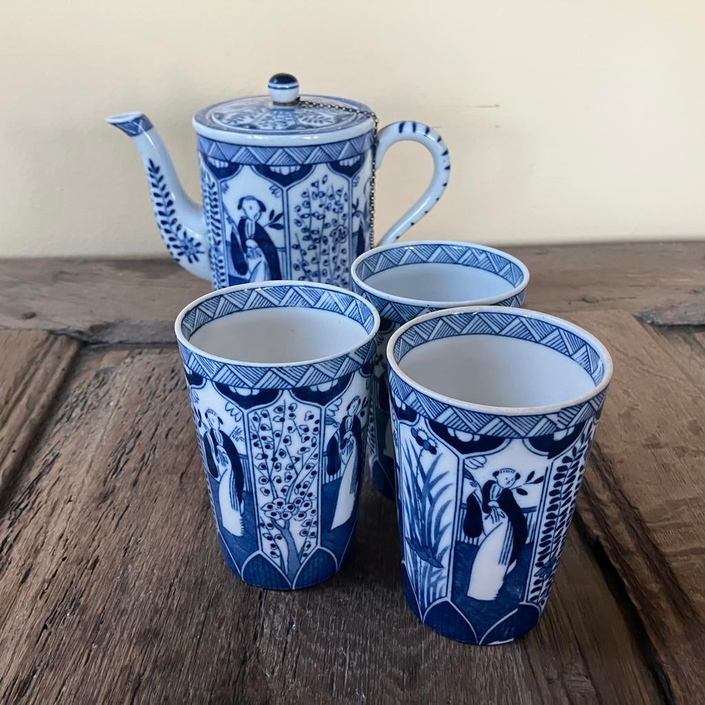 Vintage Lange Lijs, theepot en drie mokken, Antiek en Kunst, Ophalen of Verzenden