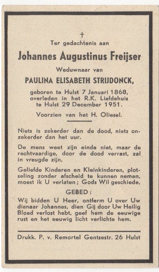 Johannes A. Freijser 1868 - 1951 Hulst, 83 jaar oud, Verzenden