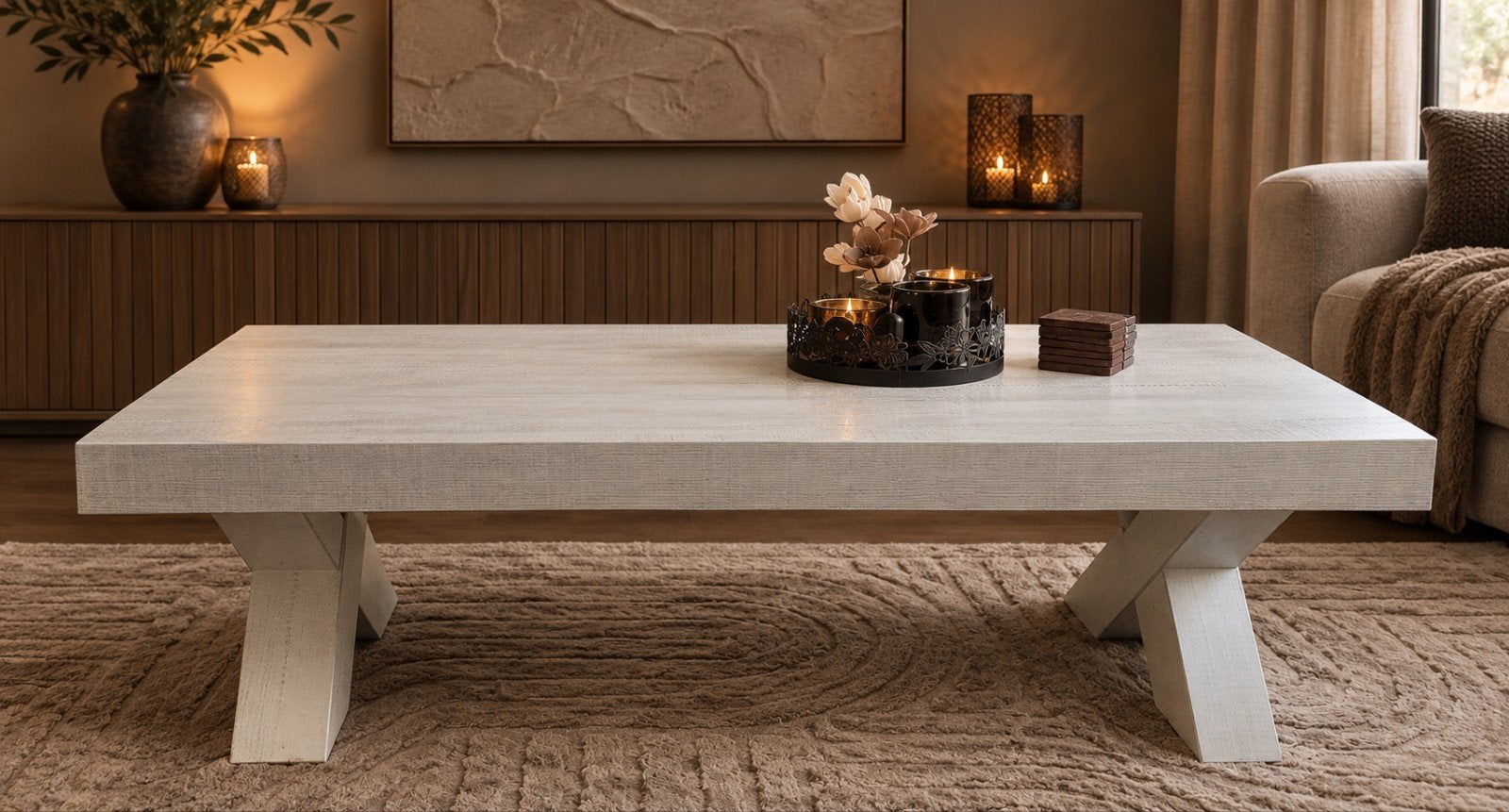 Stijlvolle Salontafel - Wit Hout met X-poten, 100 tot 150 cm, Modern, Scandinavisch, Zo goed als nieuw, Overige houtsoorten