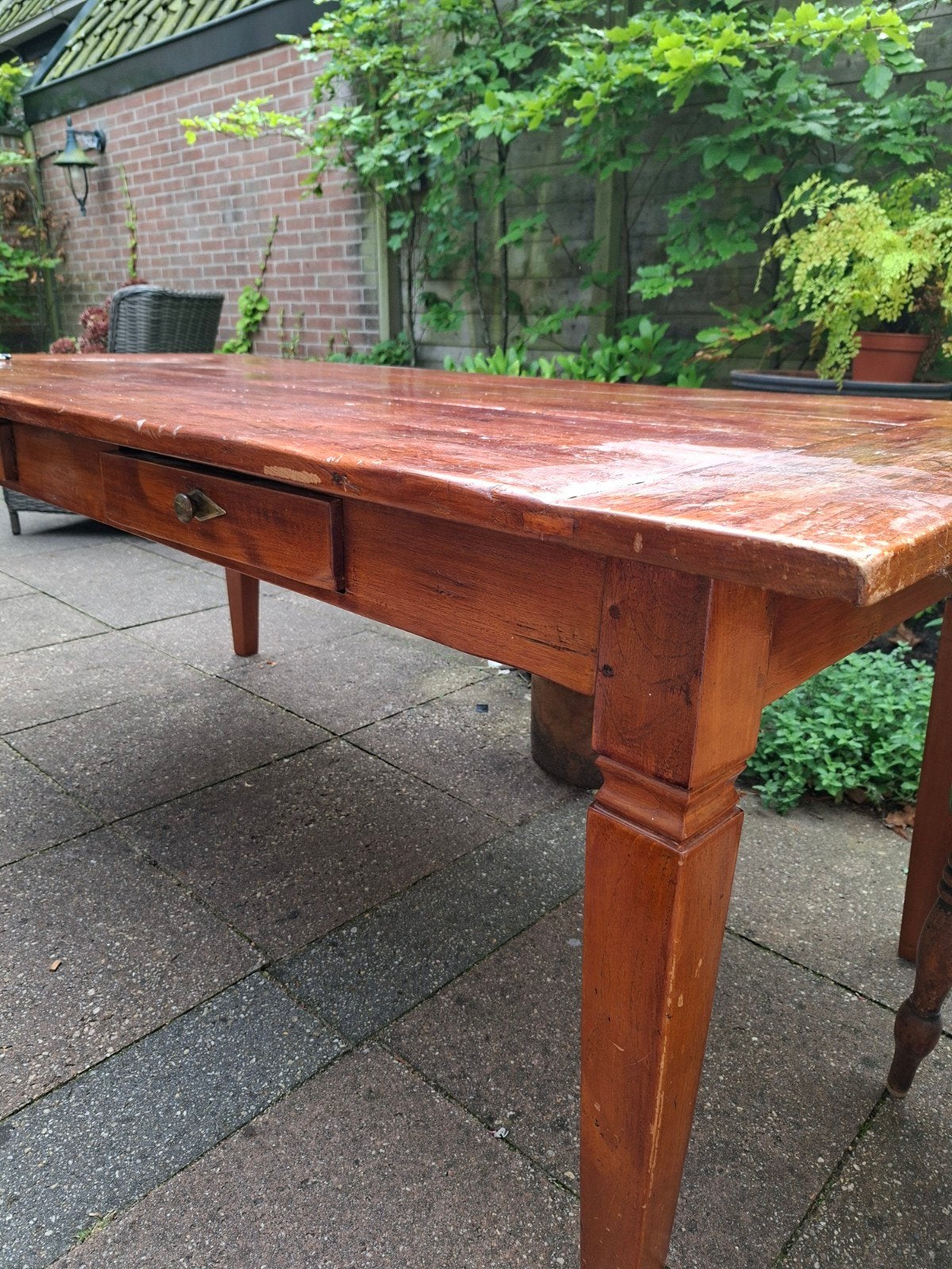 MASSIEF HARDHOUTEN (TEAK?) EET TAFEL   T.E.A.B.!, Gebruikt, 200 cm of meer, 50 tot 100 cm, Rechthoekig