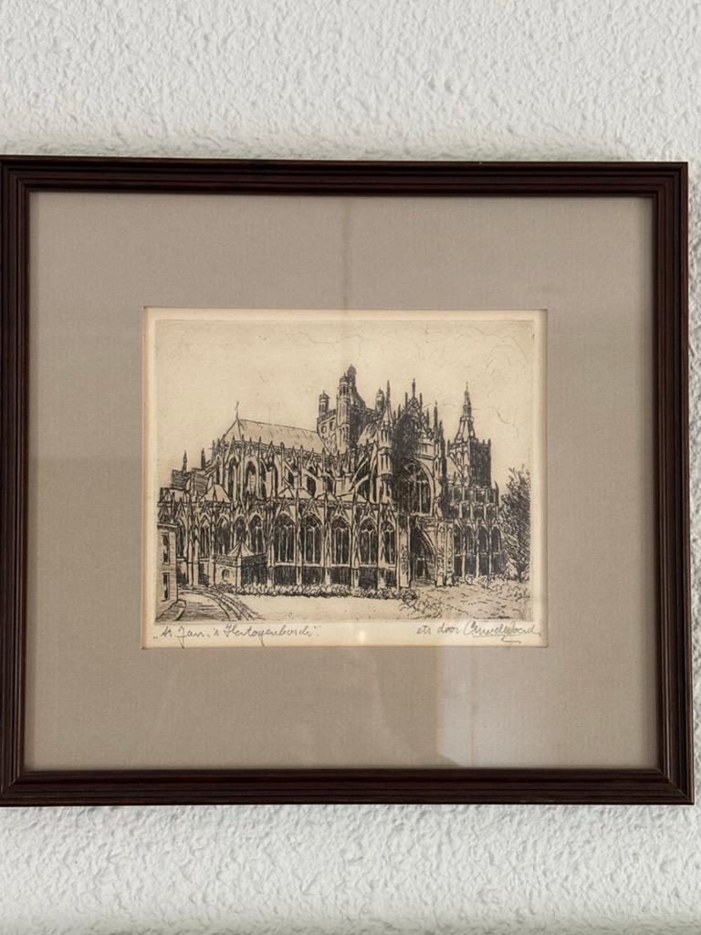 Ets van de Sint-Jans in Den Bosch door C. van der Woerd, Antiek en Kunst, Kunst | Etsen en Gravures, Ophalen, Ets, Stadsgezicht