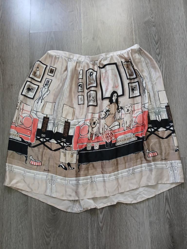 Elisabetta Franchi Zijden Rok met Hondenprint, Ophalen, Elisabetta Franchi, Beige, Knielengte