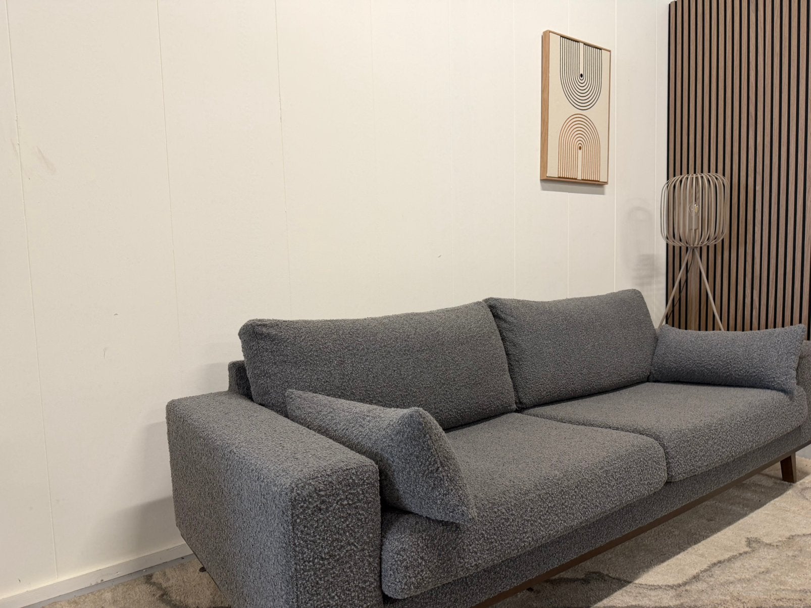 Nous Living - 3 zits Bank - Boucle - Grijs / Donkerblauw, Ophalen of Verzenden, 75 tot 100 cm, 200 tot 250 cm
