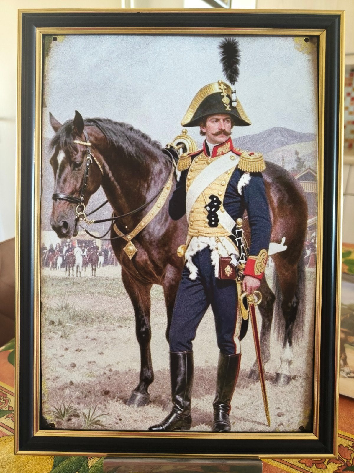 Ingelijste print van officier te paard, Ophalen of Verzenden