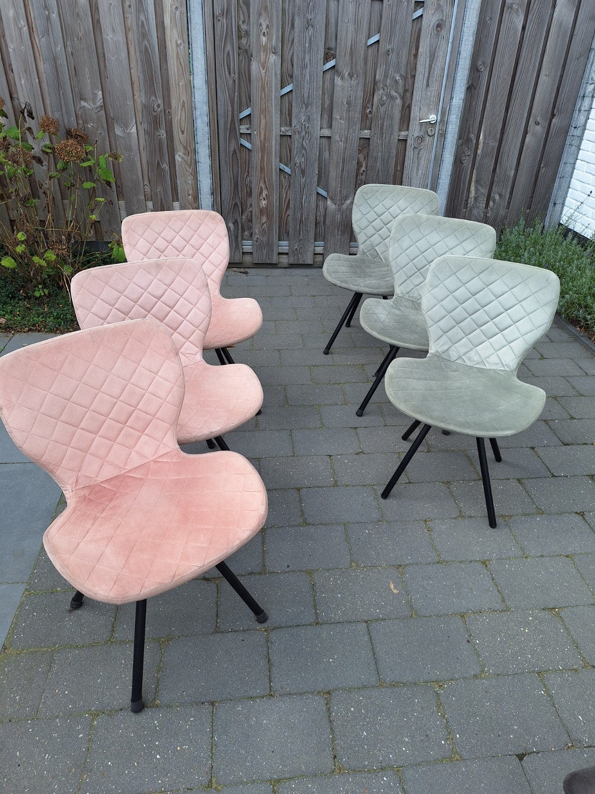 Set van 6 velvet stoelen - roze en groen, Ophalen, Gebruikt, Overige kleuren, Modern, Scandinavisch