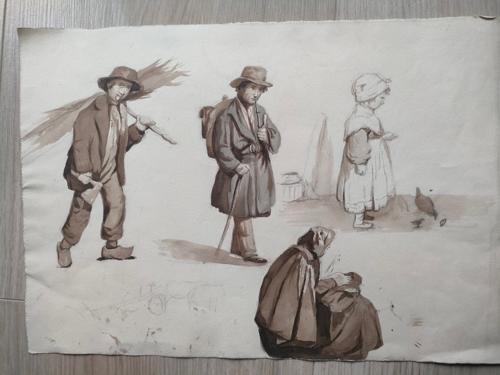 Boeren, boerinnen en meisje, sepia of penseeltekening, Ophalen of Verzenden