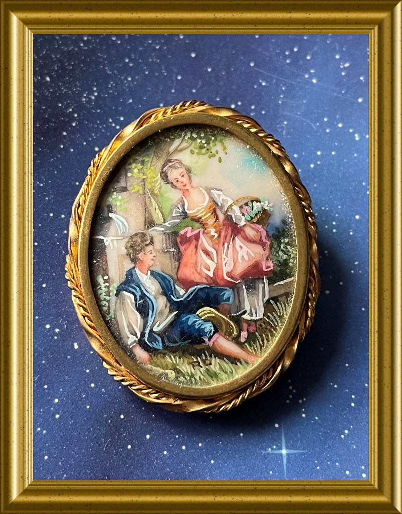 Antieke Franse handgeschilderde broche, Ophalen of Verzenden, Overige materialen, Broche