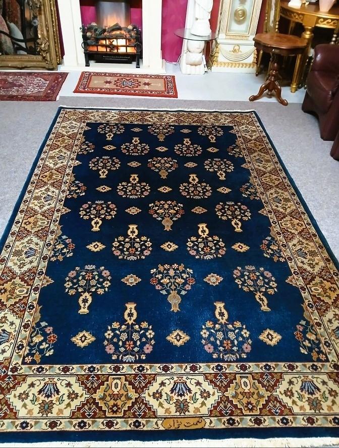 Perzisch tapijt handgeknoopt Ghom Oosters vloerkleed, Gebruikt, Blauw, 200 cm of meer, Ophalen of Verzenden