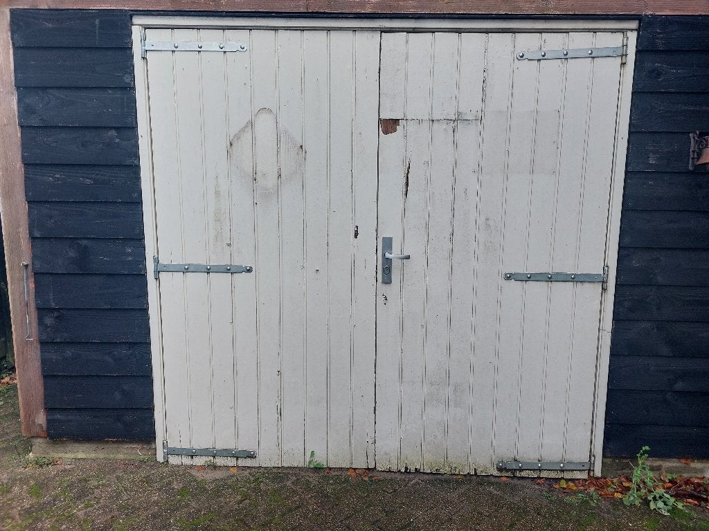 Houten dubbele schuurdeur 222 hoog, 222 breed, Ophalen, Gebruikt, Buitendeur, Hout