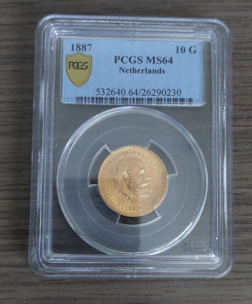 10 gulden 1887 Willem 3 in slab PCGS MS 64, Ophalen of Verzenden, Koning Willem III, 10 gulden, Goud