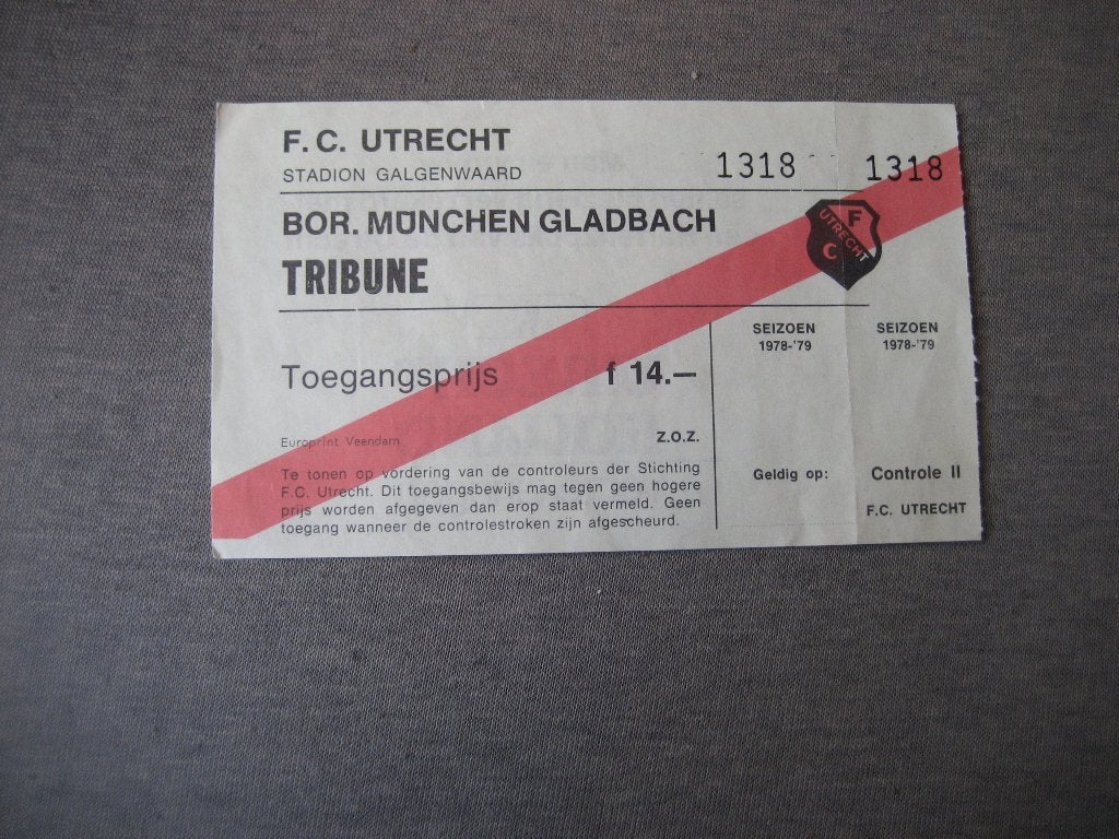 voetbalkaartje fc utrecht - borussia munchen gladbach, Ophalen of Verzenden, Gebruikt, F.C. Utrecht, Overige typen
