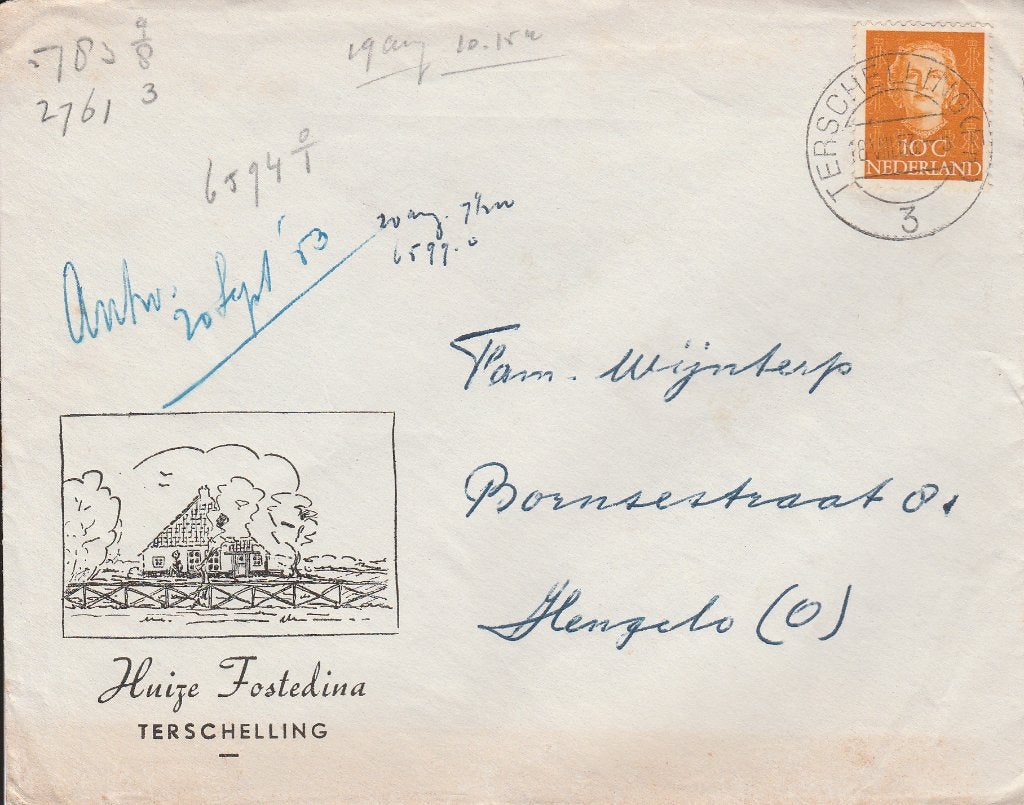 TYERSCHELLING 1953 Huize FOSTEDINA, Ophalen of Verzenden, 1940 tot 1960, Gelopen, Waddeneilanden