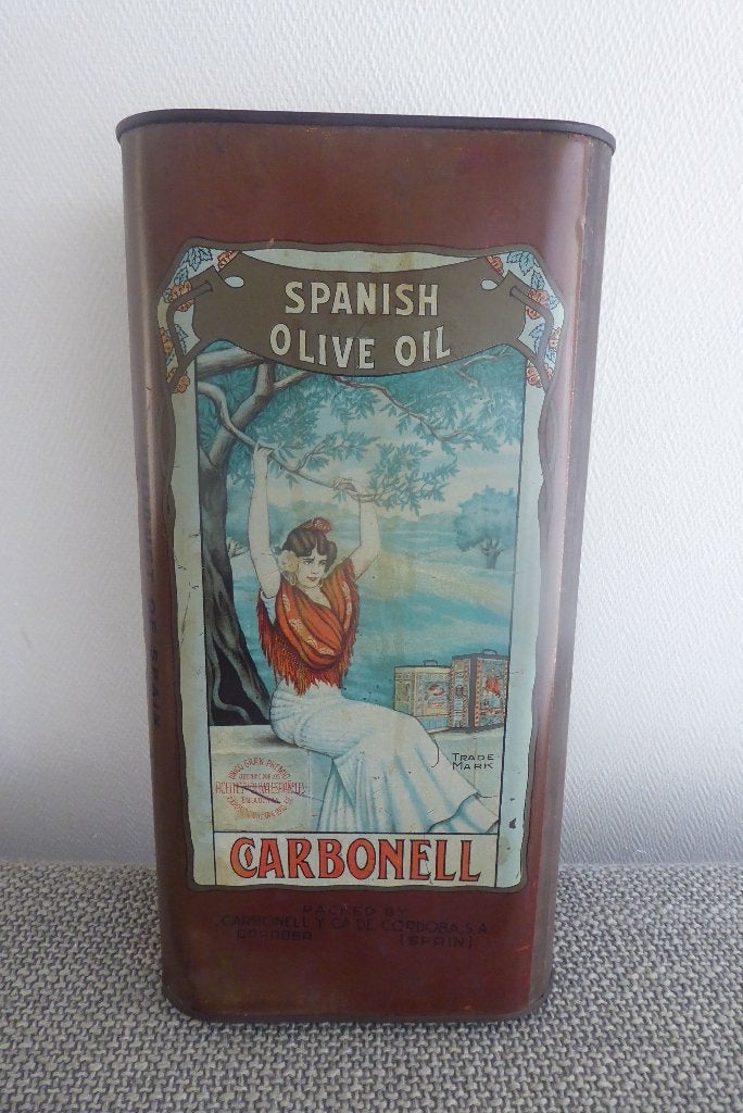 antiek Spaans olijfolieblik Carbonell, jugenstill, Verzamelen, Blikken, Ophalen of Verzenden, Gebruikt, Overige